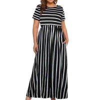 Womens Short Sleeve Stripe Elastic Waist Casual Summer Plus Size Dress With Pocket 2X