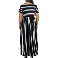 Womens Short Sleeve Stripe Elastic Waist Casual Summer Plus Size Dress With Pocket 2X