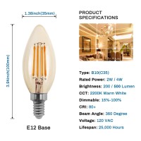 2W Candelabra Led Bulbs Dimmable, 20 Watt Equivalent, E12 Base, 2200K Warm White, B10/B11 C35 Filament Led Candle Light Bulbs Amber Glass 6 Pack