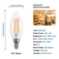 E12 Candelabra Led Bulbs Dimmable, 20 Watt Equivalent, B10/B11 C35 Filament Led Candle Light Bulbs 6 Pack