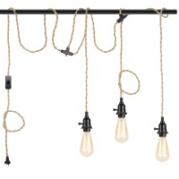 Triple Pendant Light Kit With Switch - Easric Vintage Lamp Cord With 27Ft Twisted Hemp Rope E26 Sockets Plug In Diy Hanging Lighting Fixture For Farmhouse Home Loft - Bulb Not Included