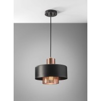 This Pendant is a striking design that uses contrasting finishes and metals to create an elevated eye catching look A 60 watt bulb shines beautifully through a perforated copper inner shade creating a warm glow around the room This lamp is hardwire compat