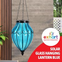 Exhart Outdoor Garden Solar Lights, Blue Glass Hanging Garden Lantern With Waving Metal Pattern, 15 Led Firefly Lights, 7.5 X 25 Inch