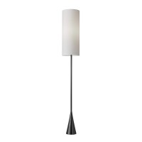 This floor lamp introduces dramatic elements with its contemporary form The tall white cylindrical shade contrasts to the black nickel finish and bellshaped weighted base The shade is made of White silklike fabric shade control the light with a 3way touch