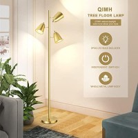 Qimh Tree Floor Lamp With 3 Light Bulbs, Standing Tall Pole Lamps For Living Room Bedroom Office, Reading Stand Up Lamps With 3 Adjustable Arms, Brushed Gold