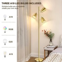 Qimh Tree Floor Lamp With 3 Light Bulbs, Standing Tall Pole Lamps For Living Room Bedroom Office, Reading Stand Up Lamps With 3 Adjustable Arms, Brushed Gold