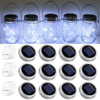 Smilingtown Solar Mason Jar String Light Lids, 12 Pack 30 Led Jar Fairy Firefly Inserts Lighting With 12 Hangers For Outdoor Patio Lawn Garden Decor, No Jars (Cool White)