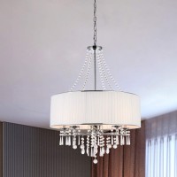 A1A9 Modern 5-Light Drum Pendant Lighting Fixture, 26'' White Fabric Shade, Elegant Hanging Ceiling Lights With Crystal, Chrome Finish Chandelier For Entryway, Hallway, Dining Room And Foyer