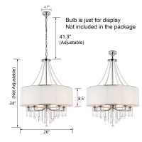 A1A9 Modern 5-Light Drum Pendant Lighting Fixture, 26'' White Fabric Shade, Elegant Hanging Ceiling Lights With Crystal, Chrome Finish Chandelier For Entryway, Hallway, Dining Room And Foyer