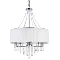 A1A9 Modern 5-Light Drum Pendant Lighting Fixture, 26'' White Fabric Shade, Elegant Hanging Ceiling Lights With Crystal, Chrome Finish Chandelier For Entryway, Hallway, Dining Room And Foyer