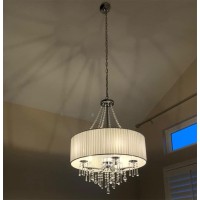 A1A9 Modern 5-Light Drum Pendant Lighting Fixture, 26'' White Fabric Shade, Elegant Hanging Ceiling Lights With Crystal, Chrome Finish Chandelier For Entryway, Hallway, Dining Room And Foyer