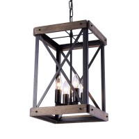 Viluxy Vintage Pendant Light, Classic 4-Light Hanging Pendant Lighting, Black Metal Cage And Wood Shade, For Farmhouse, Entryway, Dining Room, Kitchen Island, Foyer