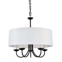 A1A9 Modern 5-Light Drum Pendant Light Fixture, 21'' White Fabric Shade, Simple Chain Hanging Ceiling Lights, Black Chandelier Fitting For Entryway, Hallway, Dining Room And Foyer