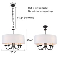 A1A9 Modern 5-Light Drum Pendant Light Fixture, 21'' White Fabric Shade, Simple Chain Hanging Ceiling Lights, Black Chandelier Fitting For Entryway, Hallway, Dining Room And Foyer