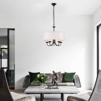 A1A9 Modern 5-Light Drum Pendant Light Fixture, 21'' White Fabric Shade, Simple Chain Hanging Ceiling Lights, Black Chandelier Fitting For Entryway, Hallway, Dining Room And Foyer