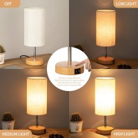 Yarra-Decor Bedside Lamp With Usb Port - Touch Control Table Lamp For Bedroom Wood 3 Way Dimmable Nightstand Lamp With Round Flaxen Fabric Shade For Living Room, Dorm, Home Office (Led Bulb Included)