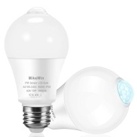 Mikewin Motion Sensor Light Bulbs Outdoor 2 Packs 13W(100W Equivalent) Security Led Bulb, Indoor E26, A19, 5000K Daylight Dusk To Dawn Bulb For Garage Front Door Porch Stairs Hallway