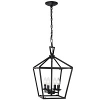 Untrammelife 4-Light Black Lantern Pendant Light, Adjustable Height Square Cage Pendant Hanging Lighting Fixture 11? Rustic Lantern Chandelier For Dining Room Kitchen Island Foyer