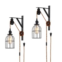 Seeblen Farmhouse Plug In Pendant Light Set Of 2, Pulley Wall Pendant Lamp With 15-Foot Brown Plug And Switch