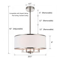 A1A9 Classic 4-Light Drum Pendant Lighting Fixture, 20'' White Fabric Shade, Vertical Rod Semi Flush Mount Ceiling Lights, Brushed Nickel Chandelier For Foyer Entryway Hallway Dining Room