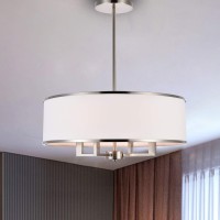 A1A9 Classic 4-Light Drum Pendant Lighting Fixture, 20'' White Fabric Shade, Vertical Rod Semi Flush Mount Ceiling Lights, Brushed Nickel Chandelier For Foyer Entryway Hallway Dining Room