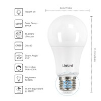 Linkind Dimmable A19 Led Light Bulbs, 100W Equivalent, E26 Base, 5000K Daylight, 15.5W 1600 Lumens 120V, Ul Listed Fcc Certified, Pack Of 6