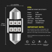 BRIGHTEST AUXLIGHT 29MM 114Festoon 6614 6641 6612F 6615 F30WHP TS14V1CP LED BULBS Red SPECIFICATIONS LED type 6pcs 2835 SMD Chips Voltage DC 12V Power 17WPC Lumen 300LMPC Current 011001A Dimensions 114inch29mm 047inch 12mm Lifespan up to 30000 Working Hou