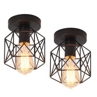 Qcyuui Industrial Ceiling Light, Semi Flush Mount Ceiling Lamp Fixture With E26 Base, Farmhouse Metal Rustic Black Cage Pendant For Porch Stairway Kitchen Lighting (2 Pack)