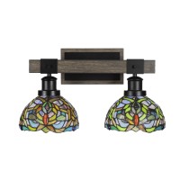 Tacoma 2 Light Bath Bar In Matte Black & Painted Distressed Wood-Look Metal With 7 Kaleidoscope Art Glass