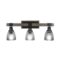 Tacoma 3 Light Bath Bar In Matte Black & Painted Distressed Wood-Look Metal With 5 Clear Ribbed Glass