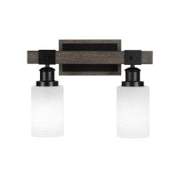 Tacoma 2 Light Bath Bar In Matte Black & Painted Distressed Wood-Look Metal With 4 White Matrix Glass