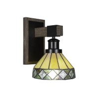 Tacoma 1 Light Wall Sconce In Matte Black & Painted Distressed Wood-Look Metal With 7 Diamond Peak Art Glass