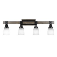 Tacoma 4 Light Bath Bar In Matte Black & Painted Distressed Wood-Look Metal With 4.5 White Muslin Glass