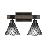 Tacoma 2 Light Bath Bar In Matte Black Painted Distressed Woodlook Metal With 7 Diamond Ice Art Glass