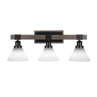 Tacoma 3 Light Bath Bar In Matte Black & Painted Distressed Wood-Look Metal With 7 White Muslin Glass