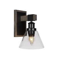 Tacoma 1 Light Wall Sconce In Matte Black & Painted Distressed Wood-Look Metal With 7 Clear Bubble Glass