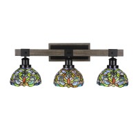 Tacoma 3 Light Bath Bar In Matte Black Painted Distressed Woodlook Metal With 7 Kaleidoscope Art Glass