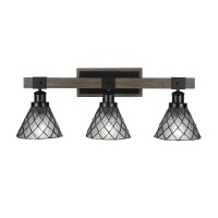 Tacoma 3 Light Bath Bar In Matte Black & Painted Distressed Wood-Look Metal With 7 Diamond Ice Art Glass