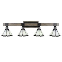 Tacoma 4 Light Bath Bar In Matte Black & Painted Distressed Wood-Look Metal With 7 Pearl & Black Flair Art Glass