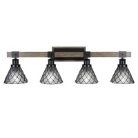 Tacoma 4 Light Bath Bar In Matte Black & Painted Distressed Wood-Look Metal With 7 Diamond Ice Art Glass