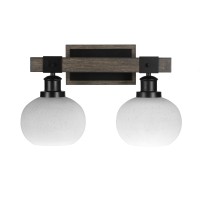 Tacoma 2 Light Bath Bar In Matte Black & Painted Distressed Wood-Look Metal With 7 White Muslin Glass