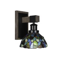 Tacoma 1 Light Wall Sconce In Matte Black & Painted Distressed Wood-Look Metal With 7 Blue Mosaic Art Glass