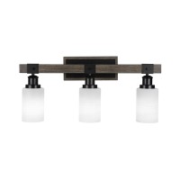 Tacoma 3 Light Bath Bar In Matte Black & Painted Distressed Wood-Look Metal With 4 White Matrix Glass