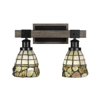 Tacoma 2 Light Bath Bar In Matte Black & Painted Distressed Wood-Look Metal With 7 Cobblestone Art Glass