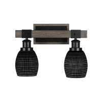 Tacoma 2 Light Bath Bar In Matte Black & Painted Distressed Wood-Look Metal With 5 Black Matrix Glass