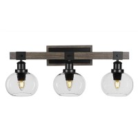 Tacoma 3 Light Bath Bar In Matte Black & Painted Distressed Wood-Look Metal With 7 Clear Bubble Glass