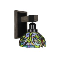 Tacoma 1 Light Wall Sconce In Matte Black & Painted Distressed Wood-Look Metal With 7 Kaleidoscope Art Glass