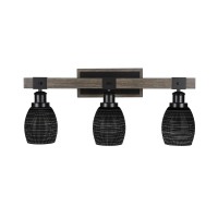 Tacoma 3 Light Bath Bar In Matte Black & Painted Distressed Wood-Look Metal With 5 Black Matrix Glass