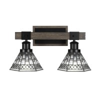 Tacoma 2 Light Bath Bar In Matte Black & Painted Distressed Wood-Look Metal With 7 Pewter Art Glass