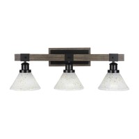 Tacoma 3 Light Bath Bar In Matte Black & Painted Distressed Wood-Look Metal With 7 Gold Ice Glass